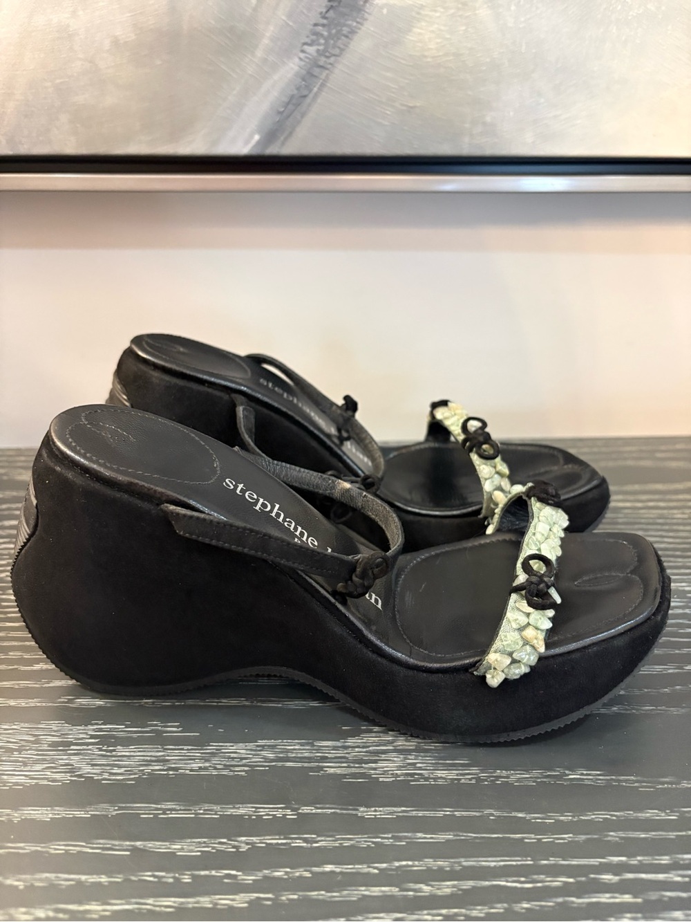 Stephane Kelian Black Wedge Sandals with Pale Green Beaded Strap
